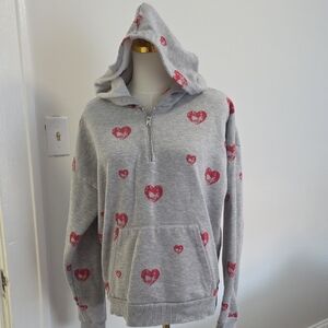 Marled Light Gray Sherpa Hoodie with Red Accent